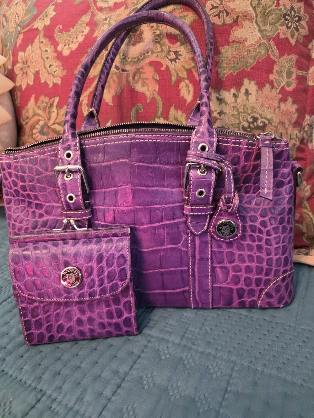 Dooney N Bourke Purple Croc-Embossed Leather Tote Bag with Matching Wallet